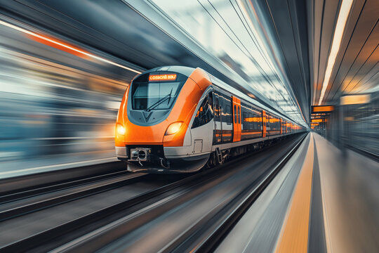 Modern high speed train in motion blur background.