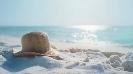 Close up summer hat on sandy beach with copy space. Backdrop for mockups and advertising.
