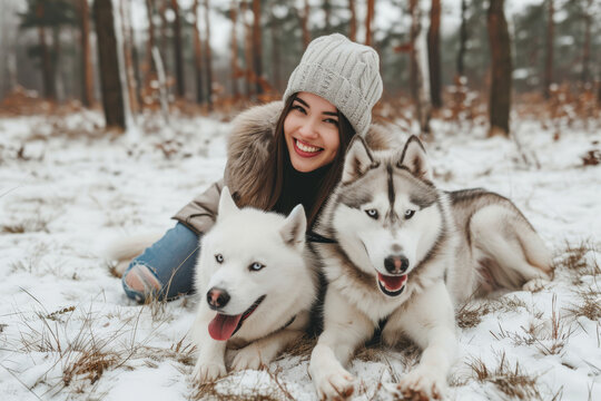 A woman affectionately hugs two huskies, their fur blending together as they share a moment of warmth and companionship.