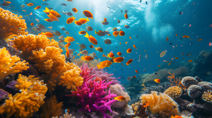 Vibrant coral reefs teeming with marine life background