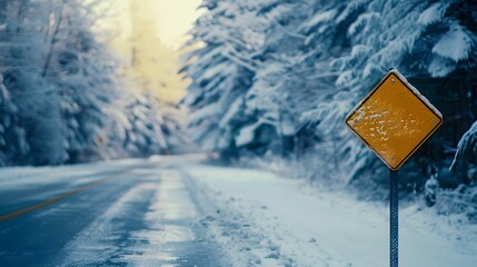 Blank yellow wood sign board along the way on a winter snow day, against a snowy backdrop. wintertime. copy space. mockup. 