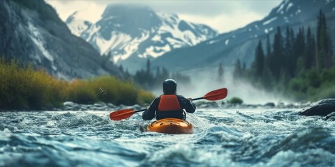 Person kayaking through turbulent river rapids with mountainous scenery.