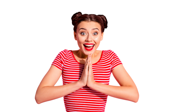 Close up photo funky beautiful she her lady pretty hairdo two buns hold hands arms together I need buy buyer these all daddy mommy wear casual striped red white t-shirt isolated pink background