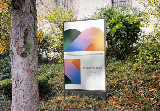 Mockup of customized vertical sign by tree