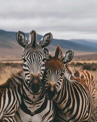 Fototapeta premium Zebras Embracing in a Tender Moment of Wilderness Harmony - Generative AI