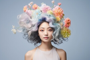 portrait of happy young Asian woman with artistic composition in her hair, made of flowers, gray hair