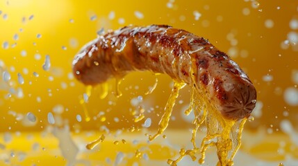 A sausage being cooked in a pan of yellow liquid, AI