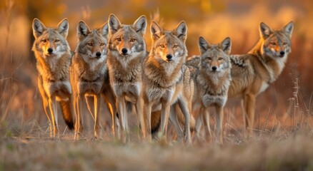 Forest Guardians: Majestic Coyote Pack Gathered in Autumn's Golden Twilight - Generative AI