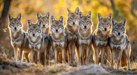 Fototapeta premium Forest Guardians: Majestic Coyote Pack Gathered in Autumn's Golden Twilight - Generative AI