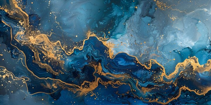 Abstract dark blue and gold painting on canvas background
