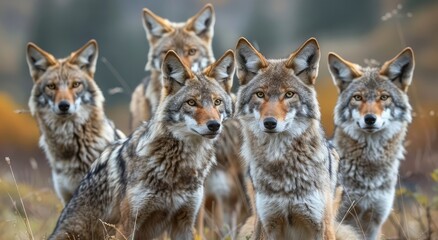 Forest Guardians: Majestic Coyote Pack Gathered in Autumn's Golden Twilight - Generative AI