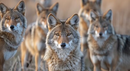 Obraz premium Forest Guardians: Majestic Coyote Pack Gathered in Autumn's Golden Twilight - Generative AI