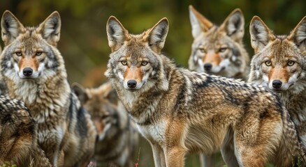Obraz premium Forest Guardians: Majestic Coyote Pack Gathered in Autumn's Golden Twilight - Generative AI