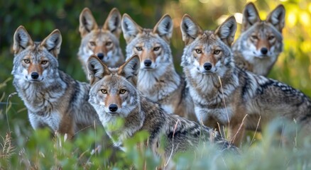Forest Guardians: Majestic Coyote Pack Gathered in Autumn's Golden Twilight - Generative AI