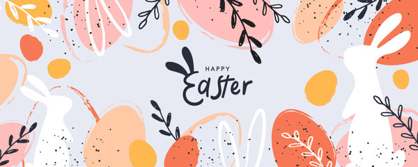 Happy Easter banner. Trendy Easter design with typography, hand painted strokes and dots, eggs and bunny in pastel colors. Modern minimal style. Horizontal poster, greeting card, header for website - obrazy, fototapety, plakaty