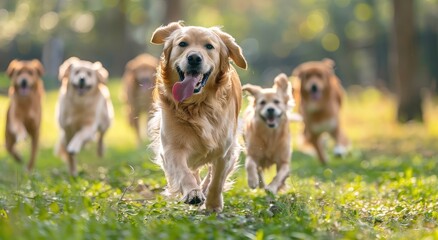 Euphoric Escape: Energetic Golden Retrievers Reveling in a Sunny Park Run - Generative AI