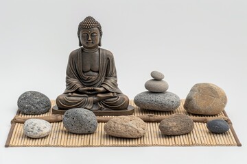 Buddha statue and zen stones isolated on white background.