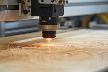 CNC milling machine cutting wooden plank with laser.