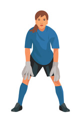 Teenage girl goalkeeper of junior women's football teem in blue uniform and gloves who stands upright in goal and waits for the ball