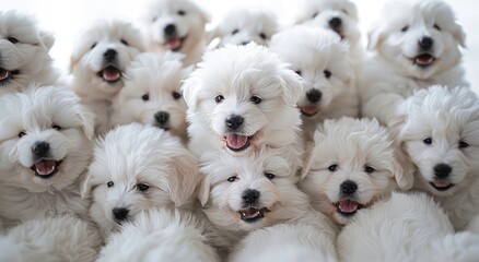 Bundle of Bliss: Adorable White Fluffy Puppies Sharing a Joyful Moment - Generative AI