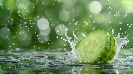 A cucumber is being splashed with water in a green background, AI