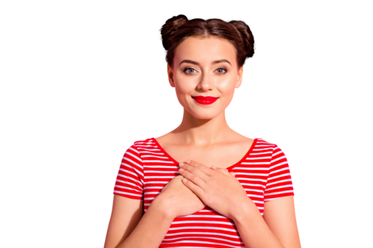 Close up photo beautiful amazing she her lady pretty hairdo two buns red pomade lips hold hands arms on heart eyes closed overjoyed wear casual striped red white t-shirt isolated pink background - Powered by Adobe