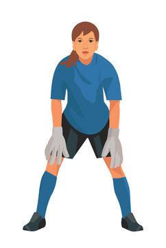 Teenage girl goalkeeper of junior women's football teem in blue uniform and gloves who stands upright in goal and waits for the ball