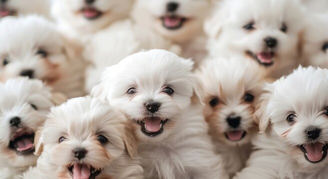 Bundle of Bliss: Adorable White Fluffy Puppies Sharing a Joyful Moment - Generative AI