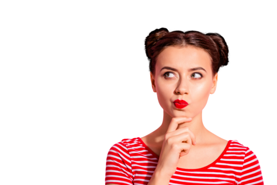 Close up photo beautiful she her lady pretty two buns pomade lips hold hand arm chin look up empty space ponder pensive contemplation wear casual striped red white t-shirt isolated pink background