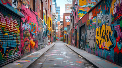 Graffiti-covered alleyways with expressive murals background