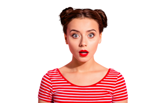 Close up photo beautiful she her lady pretty two buns unexpected news big eyes opened mouth speechless oh no face bright pomade lipstick wear casual striped red white t-shirt isolated pink background