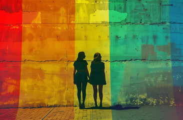 The silhouette of two women on the LGTBIQ flag. 