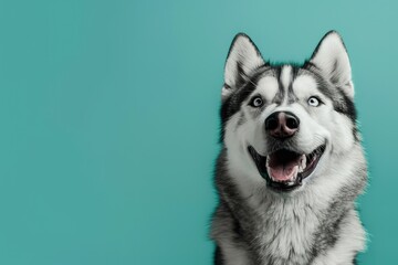 Joyful Siberian Husky Smiling Against a Chic Turquoise Backdrop - Generative AI