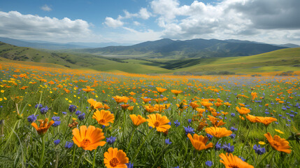 Fototapeta premium Rolling hills with wildflowers in full bloom background