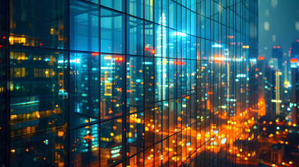 Reflections of city lights in glass skyscrapers background