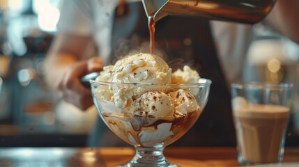Affogato Pouring Over Vanilla Ice Cream in a Stylish Cafe. Italian Elegance