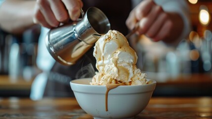 Affogato Pouring Over Vanilla Ice Cream in a Stylish Cafe. Italian Elegance