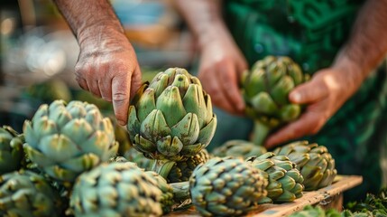 Artichoke - Farmers market with hands selecting a fresh artichoke