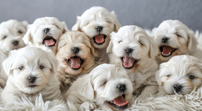 Gathering of Delighted White Fluffy Puppies Sharing Joy - Generative AI