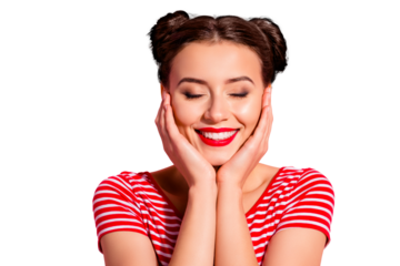 Close up photo beautiful she her lady pretty two buns eyes dreamer closed bright pomade lipstick touch hold arms hands cheeks cheekbones wear casual striped red white t-shirt isolated pink background