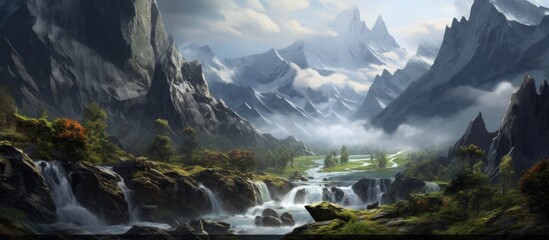 A detailed painting showcasing a mountain scene with a majestic waterfall cascading down the rocky cliffs. The rushing water creates a dynamic focal point amidst the rugged landscape of the mountains.