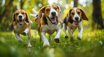 Trio of Joyful Beagles Sprinting Exuberantly in Sunlit Park - Generative AI