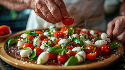 Italian restaurant with hands assembling a fresh caprese salad.