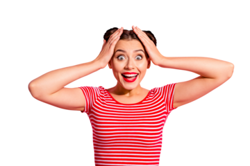Close up photo beautiful she her lady pretty buns unexpected great news big eyes opened mouth speechless screaming shouting yelling wear casual striped red white t-shirt isolated pink background