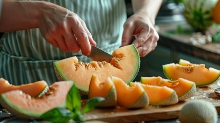 Picnic scene with hands slicing fresh cantaloupe for a fruit salad