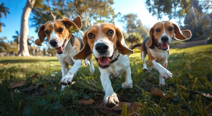 Trio of Joyful Beagles Sprinting Exuberantly in Sunlit Park - Generative AI