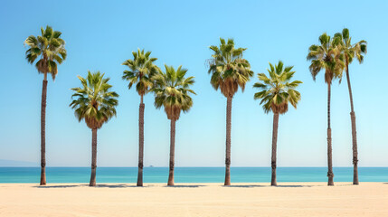 Palm trees lining a sandy beach under a clear sky background