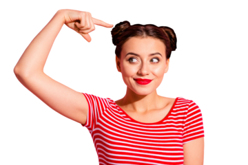 Close up photo beautiful she her lady pretty buns look side empty space hold hand arm finger above hairstyle recommend stylist wear casual striped red white t-shirt isolated pink background