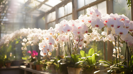 Orchids in a greenhouse with diffused natural light