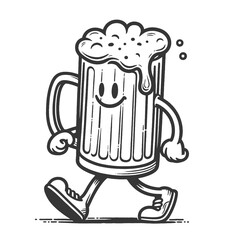 walking animated beer mug with a cheerful face, in a vintage black and white engraving style sketch engraving generative ai raster illustration. Scratch board imitation. Black and white image.